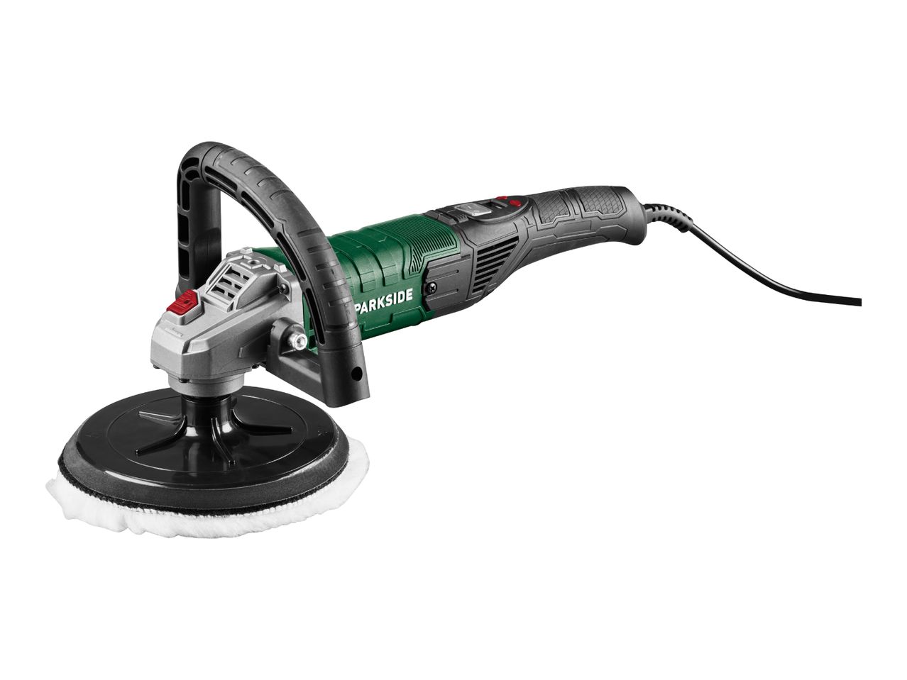 Electric car polisher with a large handle and a white polishing pad.