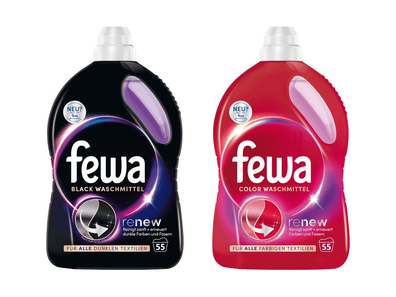 Zwei Flaschen Fewa Colorwaschmittel, eine schwarz, eine rot.