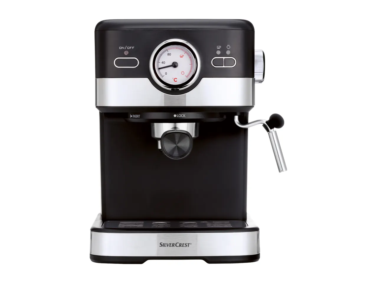 SilverCrest espresso machine with a black and silver finish, featuring a pressure gauge and steam wand.
