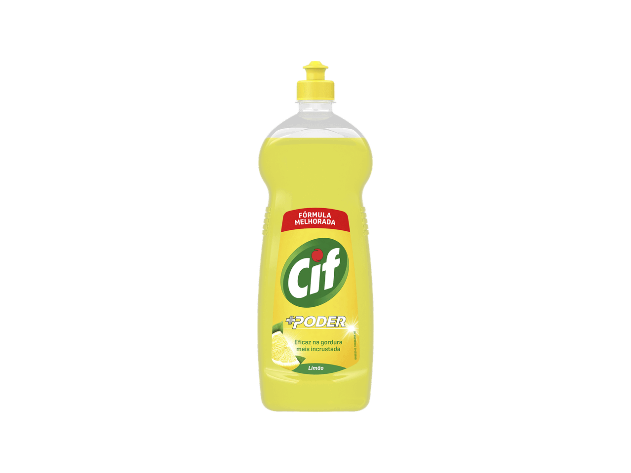 Detergente líquido para loiça com aroma a limão, com fórmula melhorada para gordura incrustada.