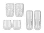 Doppelwandige Gläser in verschiedenen Formen, darunter hohe, gewellte und bauchige Designs.