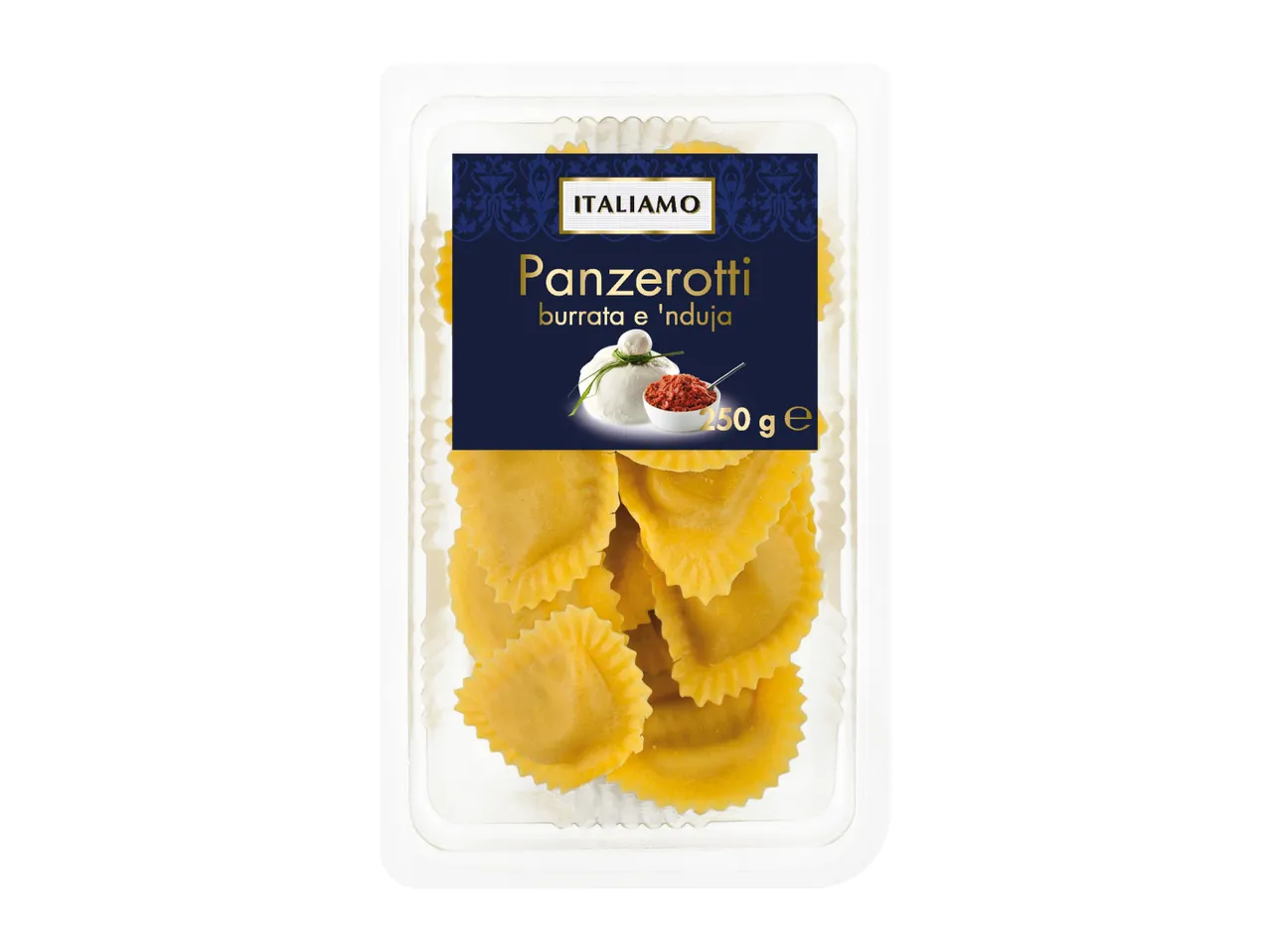 Panzerotti pasta with burrata and 'nduja filling in a clear plastic tray, 250g.