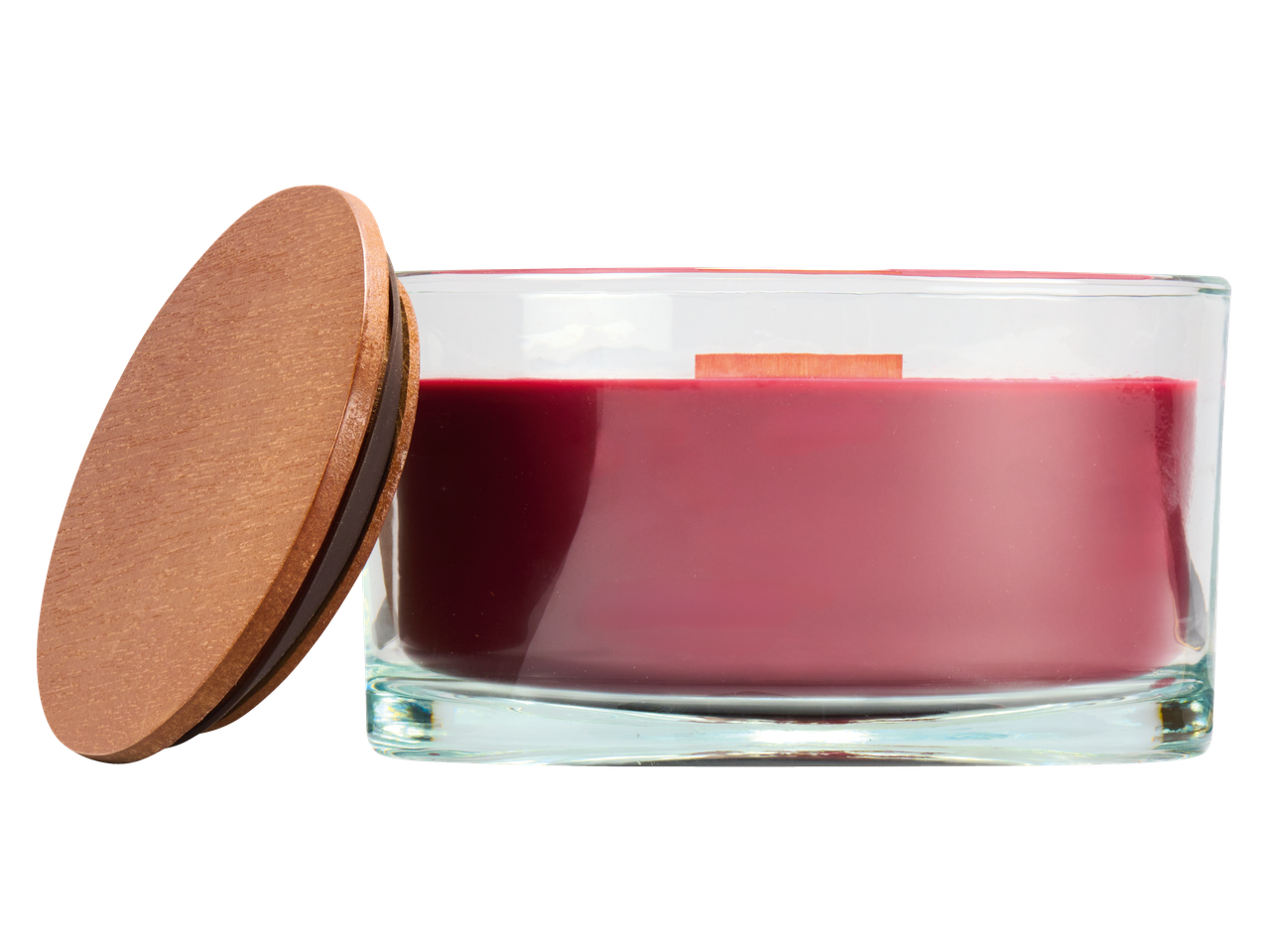 LIVARNO home Scented Candle: Red candle in a glass jar with a wooden lid.