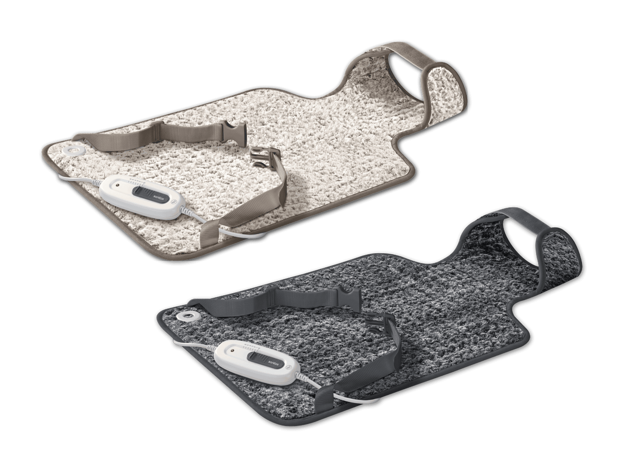 Zwei Sanitas Heizkissen in Beige und Grau mit Fernbedienung und Gurten