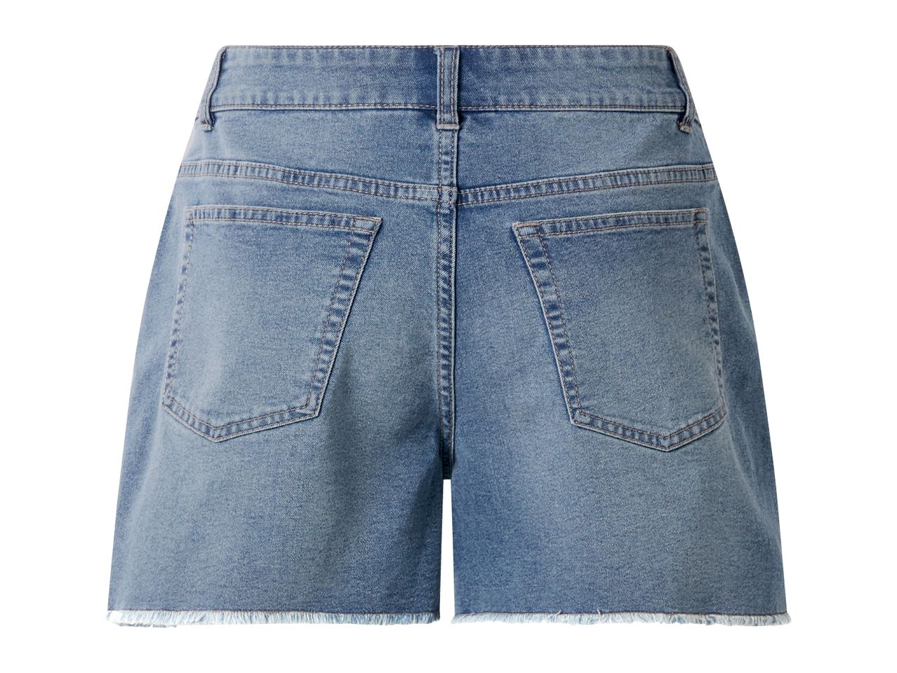 Back view of light blue denim shorts with frayed hems and two back pockets.