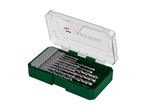 Open drill bit set in a green case with a clear lid, showing various sizes of drill bits.