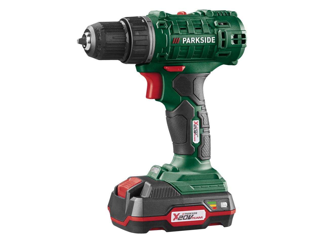 Zöld és fekete akkus fúró akkumulátorral, X20V Team logóval