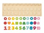 Wooden shape and number sorting board with colorful rings, shapes, and numbers 1-10.