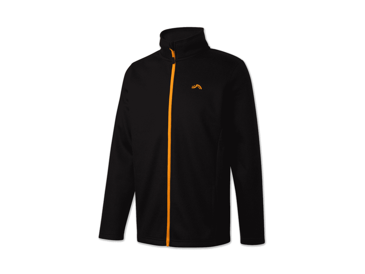 Schwarze Herren-Fleecejacke mit orangefarbenem Reißverschluss.