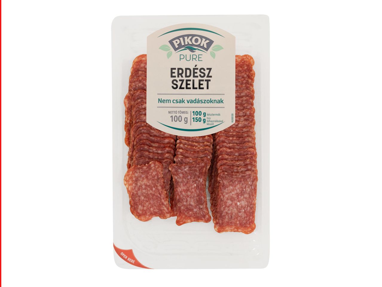 Csomagolt, szeletelt szalámi, „Erdész szelet” felirattal és „Nem csak vadászoknak” szlogennel.