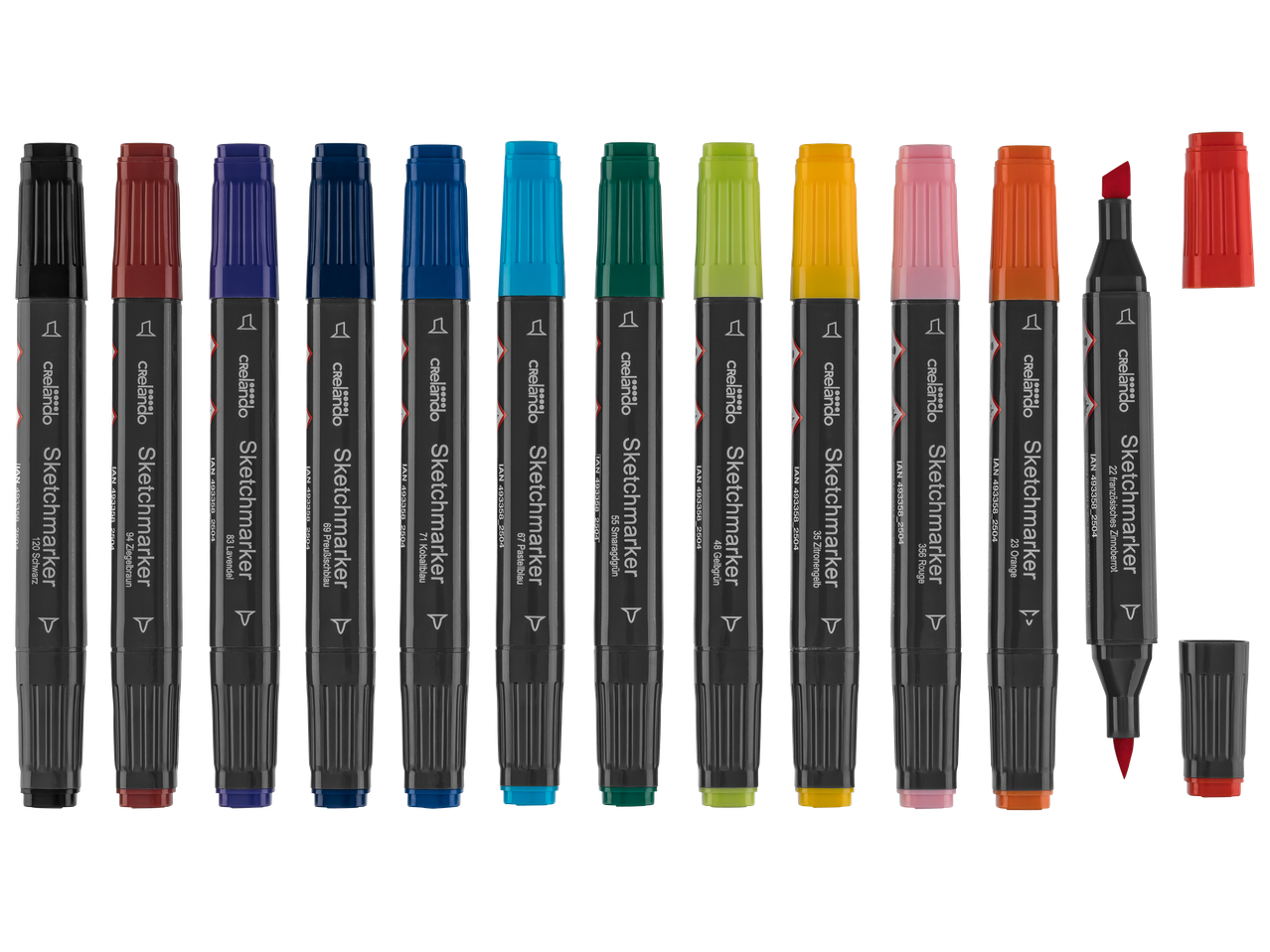 Комплект от 12 цветни маркера Crelado Sketchmarker в различни нюанси, включително червено, оранжево, жълто, зелено, синьо, лилаво, кафяво и черно.