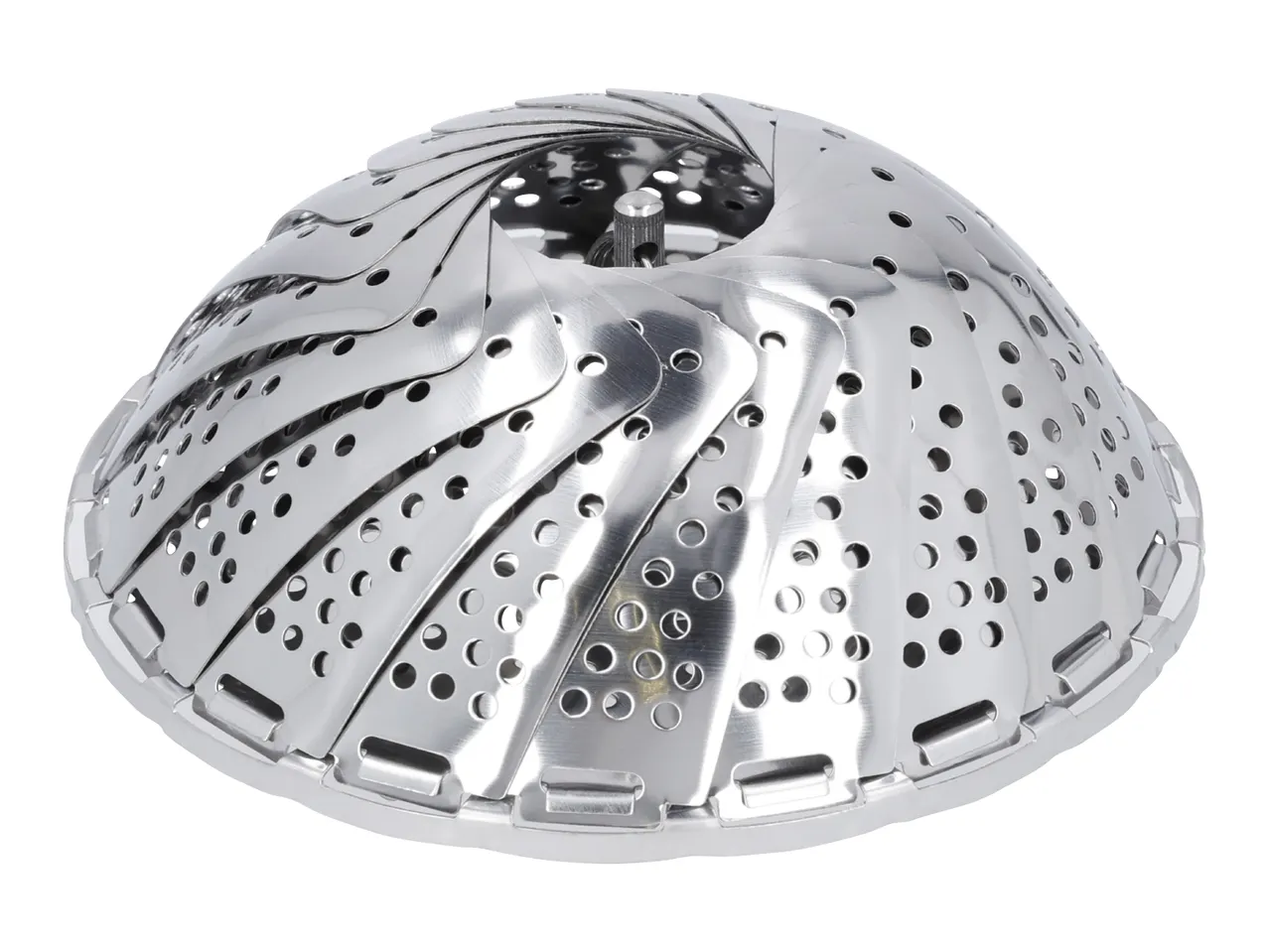 Stainless steel vegetable steamer basket, collapsed and viewed from above.