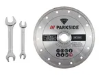 PARKSIDE diamond cutting disc and two open-end wrenches on a white background.