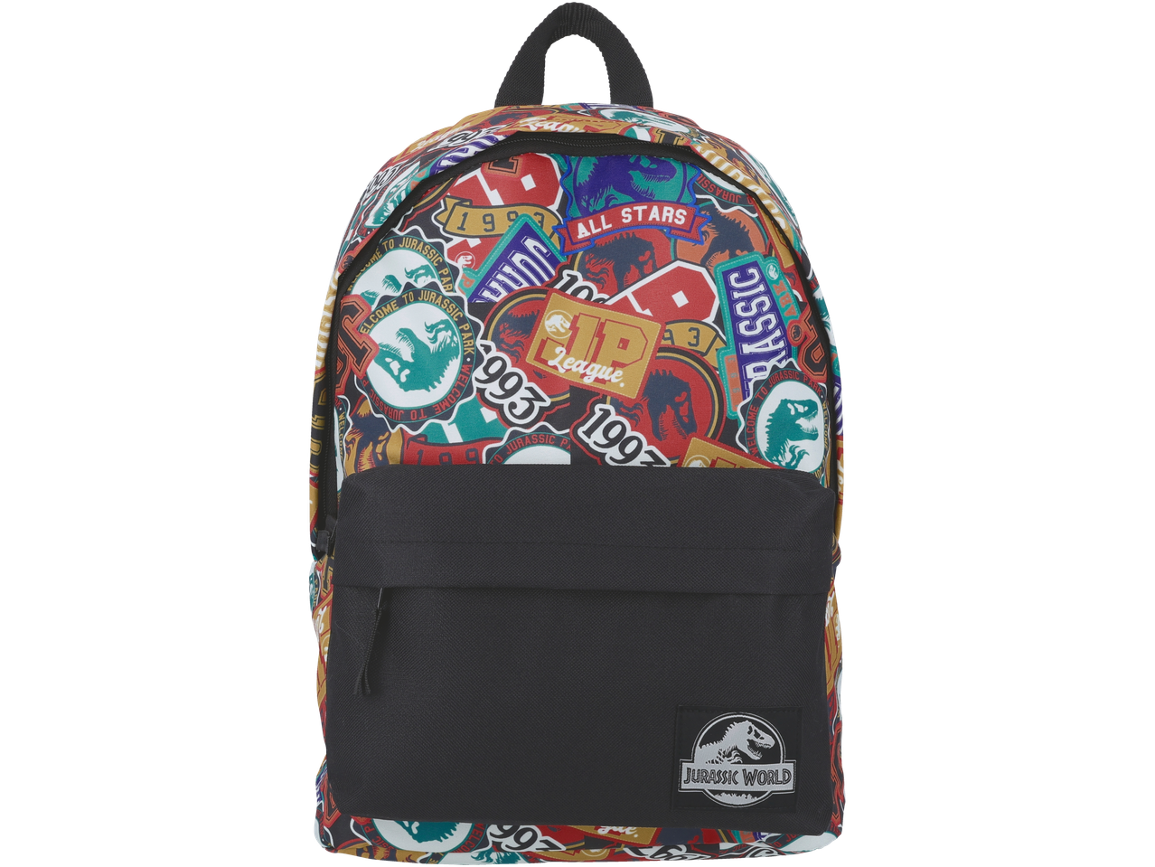 Jurassic World backpack with vintage collage print.
