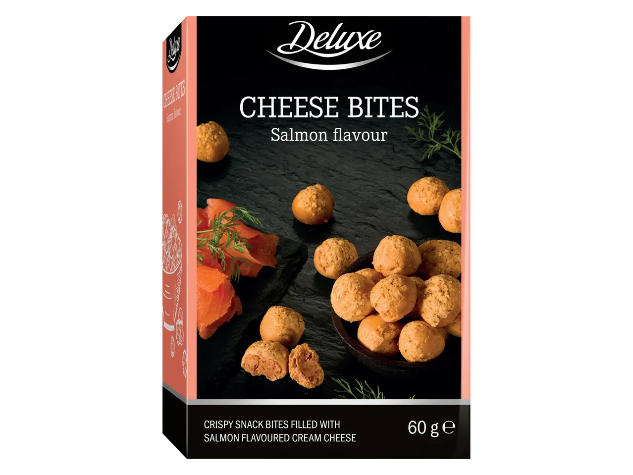 Deluxe juustupallid lõhemaitsega, krõbedad snäkid täidetud lõhemaitselise toorjuustuga.