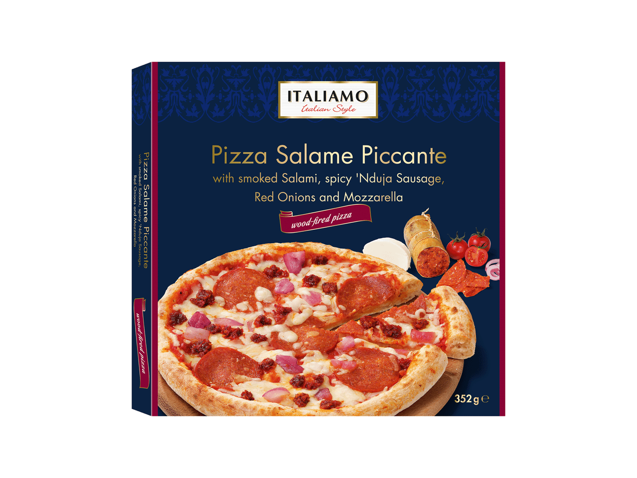 Pizza Salame Piccante com salame fumado, linguiça 'Nduja picante, cebola roxa e mozzarella.