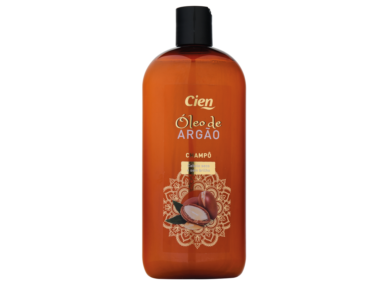 Cien Champô Óleo de Argão para cabelo seco e sem brilho, com um padrão decorativo dourado.