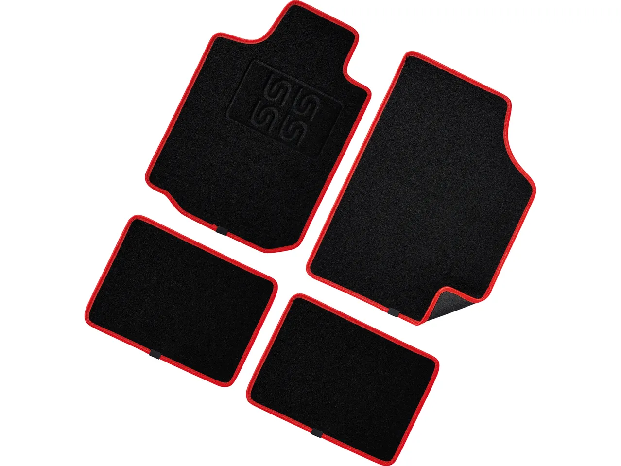 Set di tappetini auto neri con bordo rosso.
