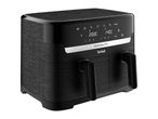 Black dual air fryer with digital display showing temperatures and cooking modes.