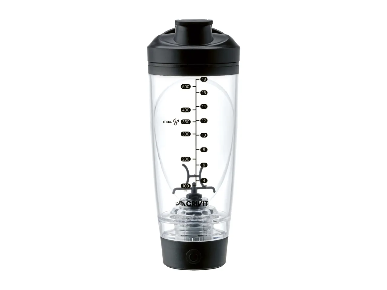 A transparent electric protein shaker with a black lid and base, featuring measurement markings.