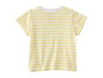 Back of a white t-shirt with yellow horizontal stripes.