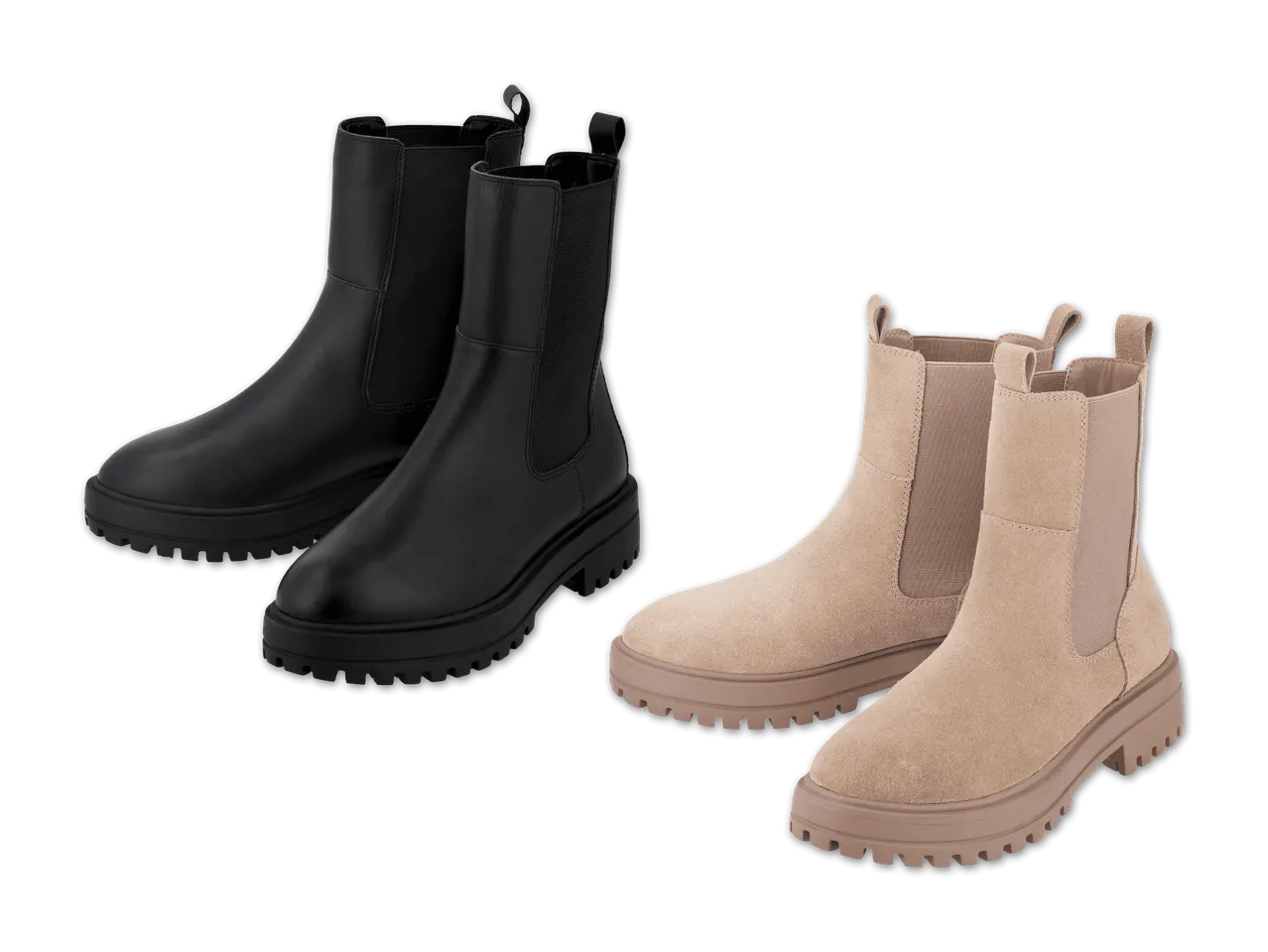Zwei Paar Chelsea Boots: ein Paar aus schwarzem Leder, ein Paar aus beigem Wildleder, mit klobigen Sohlen.