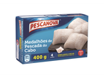 Medalhões de pescada do Cabo Pescanova, 400g, embalados a vácuo.
