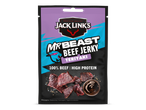 Paarse verpakking met teriyaki beef jerky, 100% rundvlees en veel eiwitten.