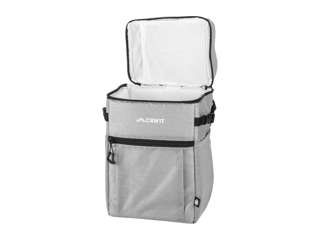 Open grey cooler bag with a geometric pattern, black zippers, and a side buckle.