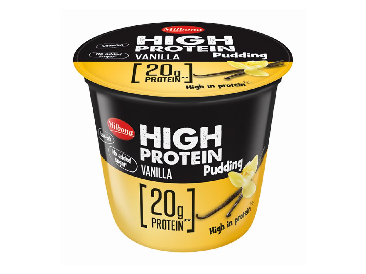 Milbona High Protein Vanilla Pudding, low-fat, no added sugar, with 20g protein.