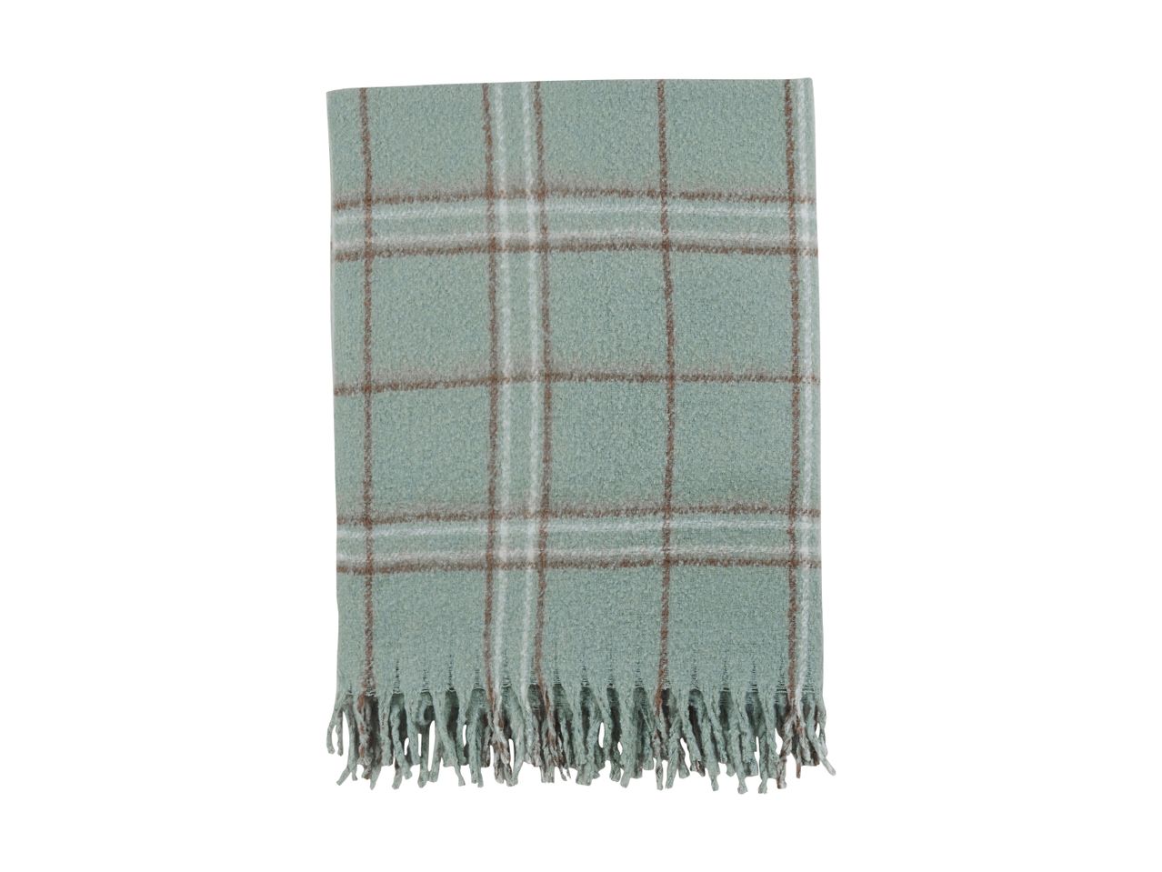 A light green plaid scarf with brown and white stripes and fringe.