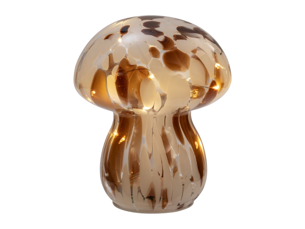 Mushroom-shaped glass table lamp with warm LED lights and a brown and white speckled pattern