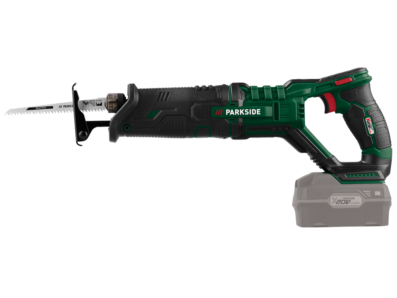 Акумулаторен саблен трион с батерия 20V и нож за бързо рязане на дърво.