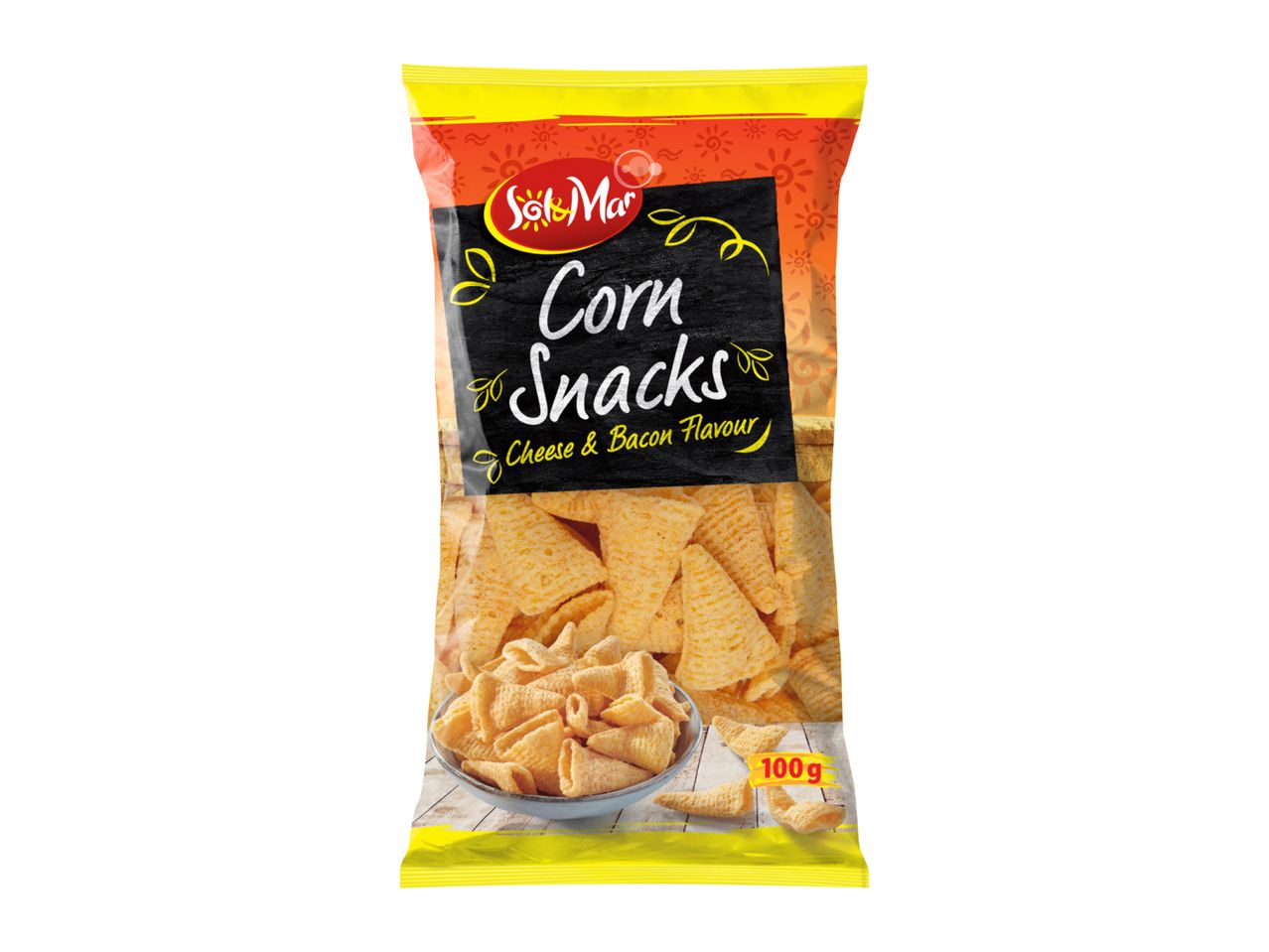 A bag of corn snacks with cheese and bacon flavor, 100g.