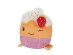 Cupcake plush toy with a winking face, white frosting, sprinkles, and a strawberry.