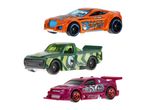 Three Hot Wheels Tony Hawk skate-themed toy cars: orange sports car, green pickup, and magenta race car.