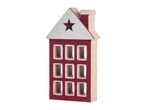 Red and white wooden house decoration with a star cut-out and multiple windows