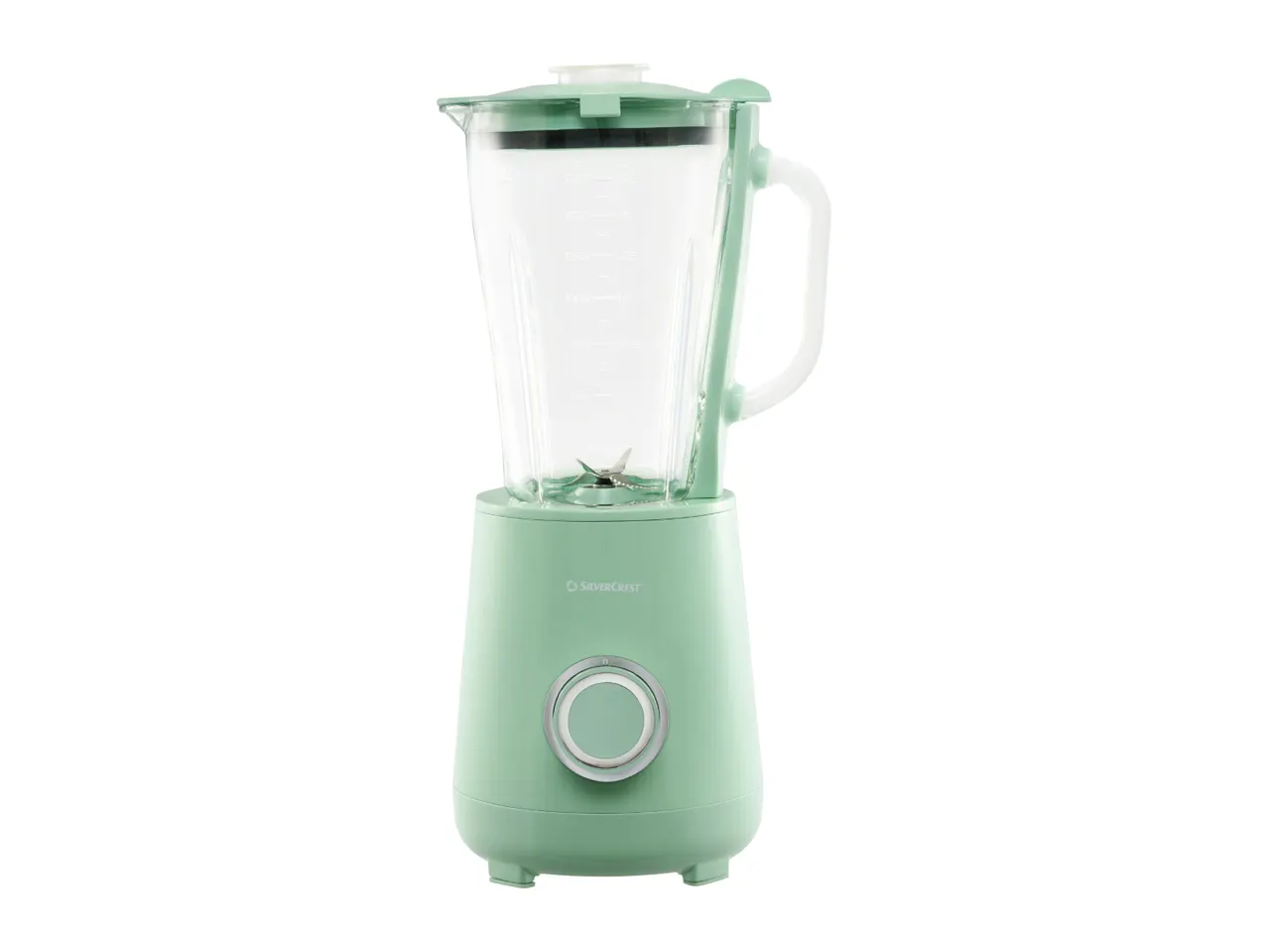 Light green blender with a glass jug and a silver control dial on a white background.