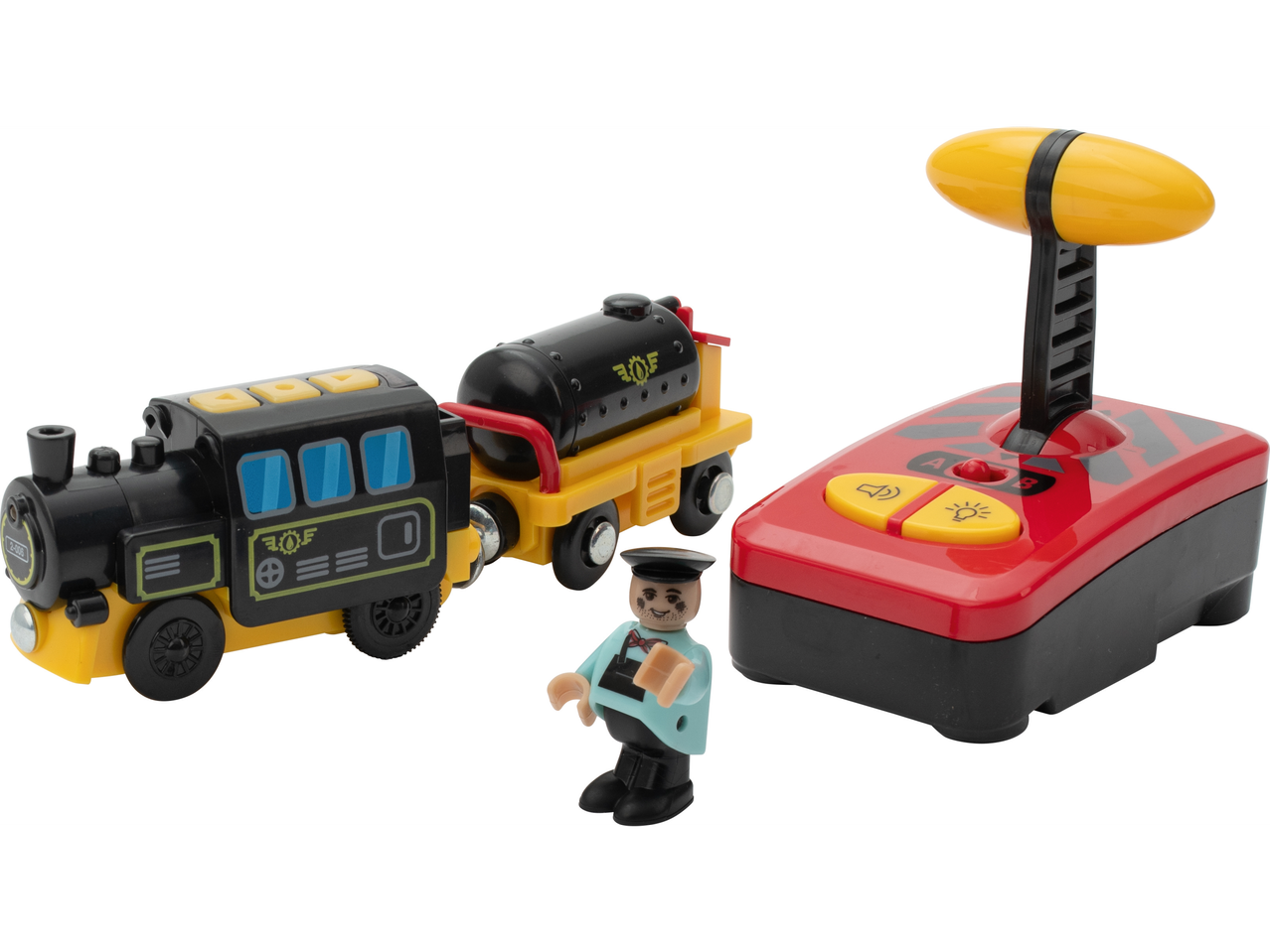 Žaislinis traukinys su lokomotyvu, cisterniniu vagonu, mašinisto figūrėle ir nuotolinio valdymo pulteliu.