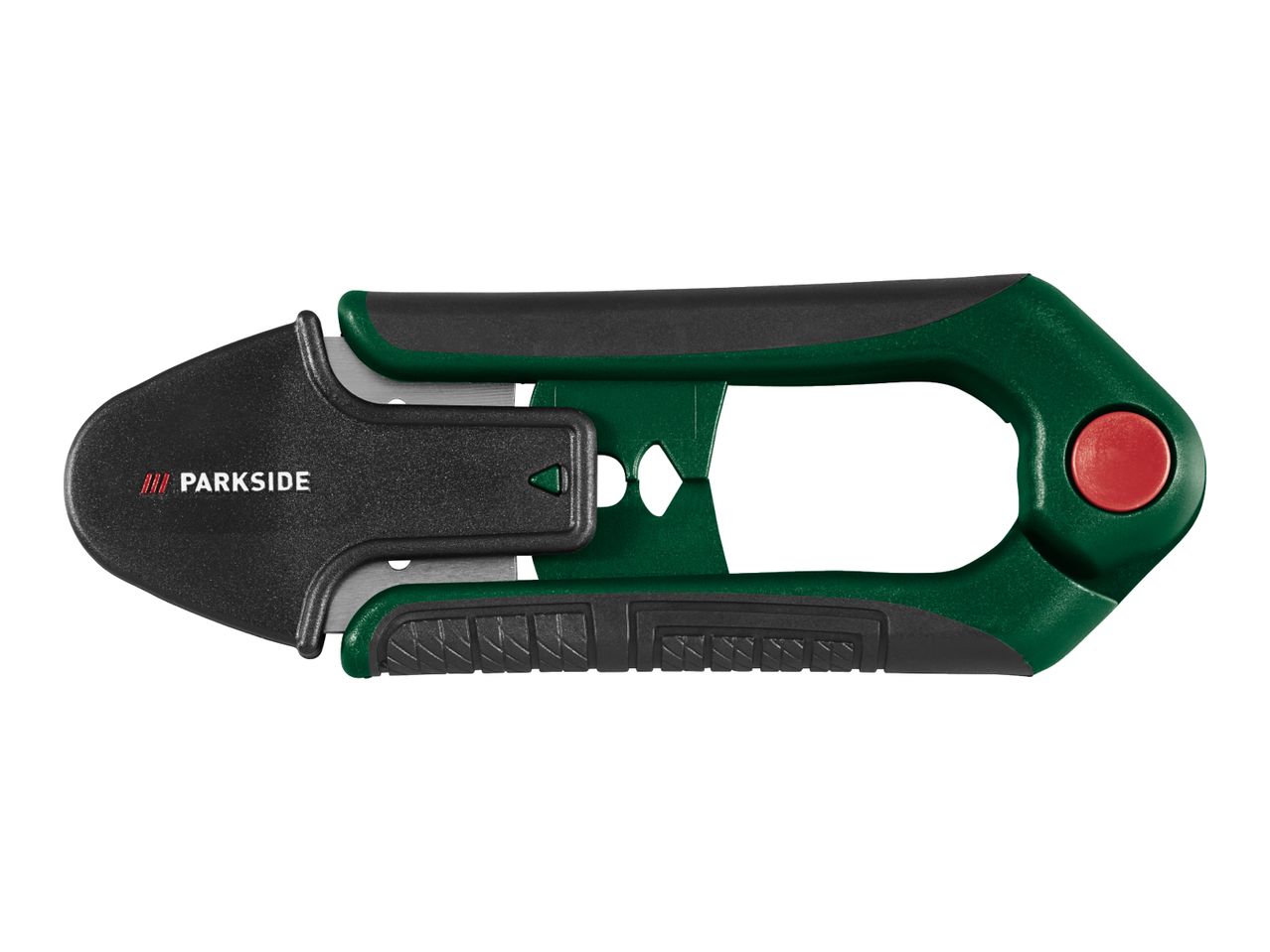 Green and black utility knife with a red button, featuring a textured grip and a retractable blade.