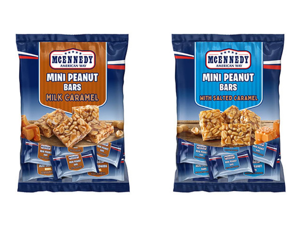 Two bags of mini peanut bars, one with milk caramel and the other with salted caramel.