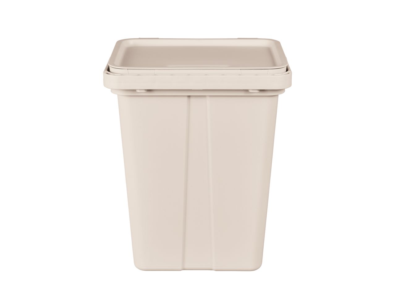 Šviesiai smėlio spalvos plastikinis šiukšliadėžė su dangčiu.