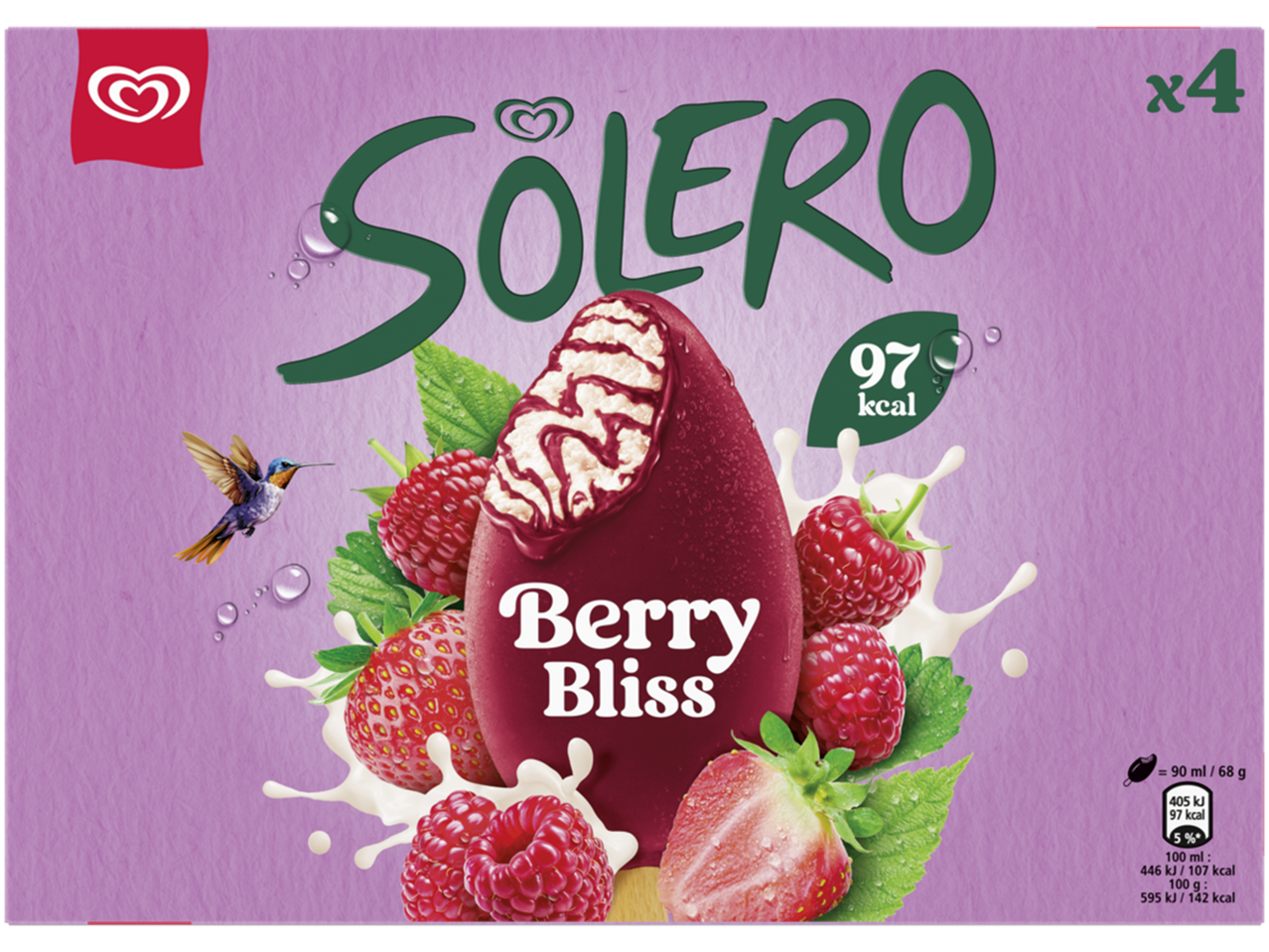 Boîte de quatre bâtonnets glacés aux fruits rouges, 97 kcal par bâtonnet.