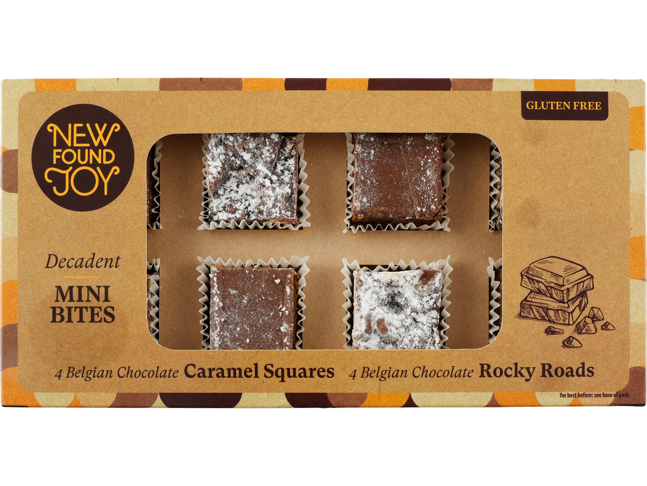 A box of New Found Joy Decadent Mini Bites, featuring Belgian Chocolate Caramel Squares and Rocky Roads.