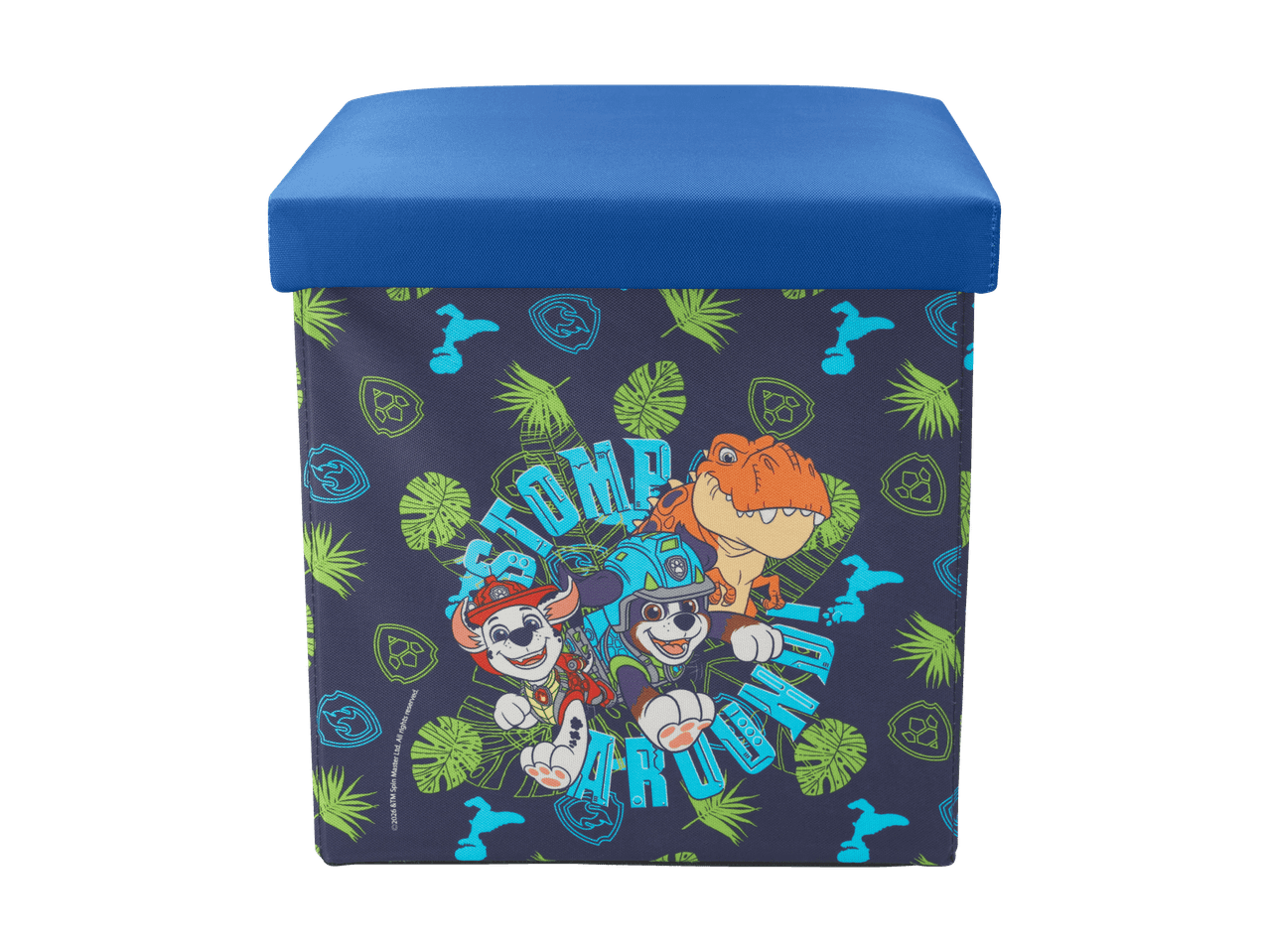 Pouf de rangement bleu avec motif de chiots et dinosaure, texte 'STOMP AROUND' et feuilles.