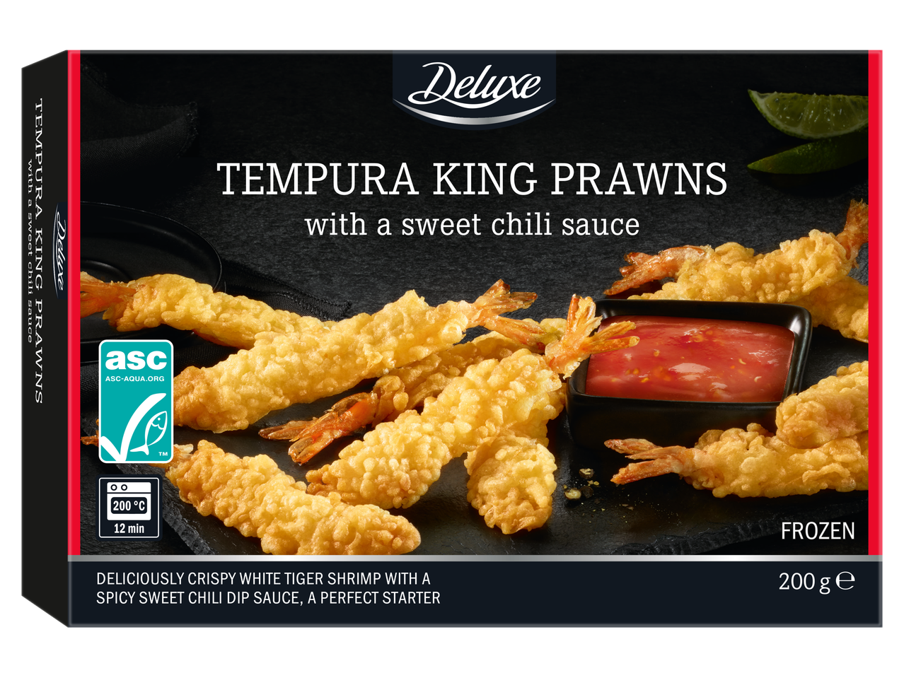 Deluxe tempura karališkos krevetės su saldžiuoju čili padažu, šaldytos.