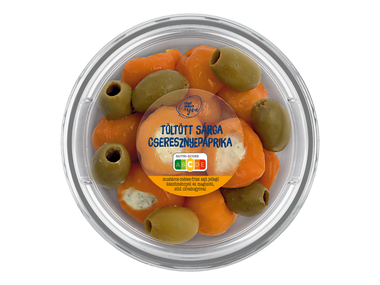 Töltött paprikák és zöld olajbogyó Chef Select & You edényben.