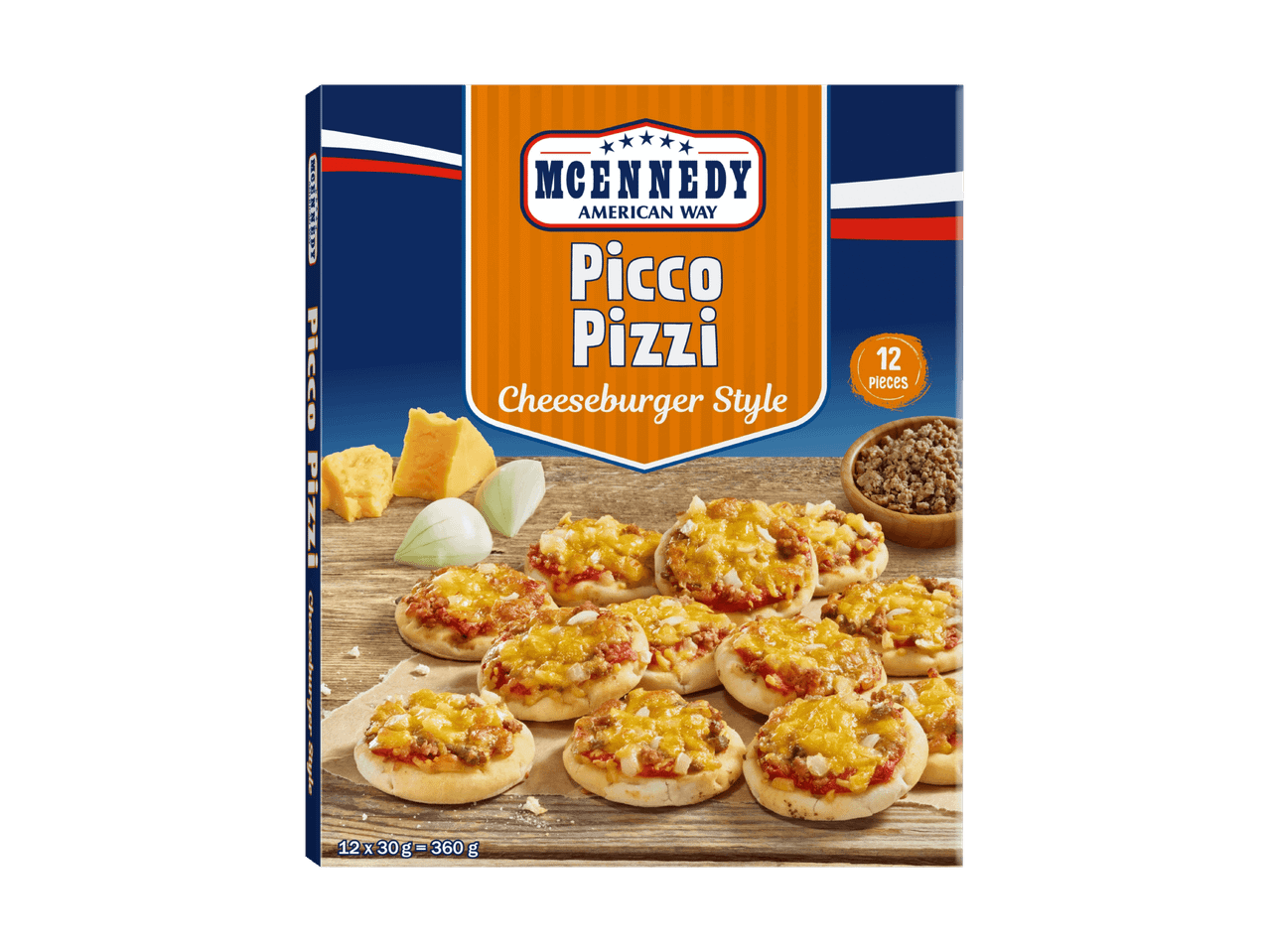 Paquet de 12 mini-pizzas façon cheeseburger, disposées sur une planche en bois.