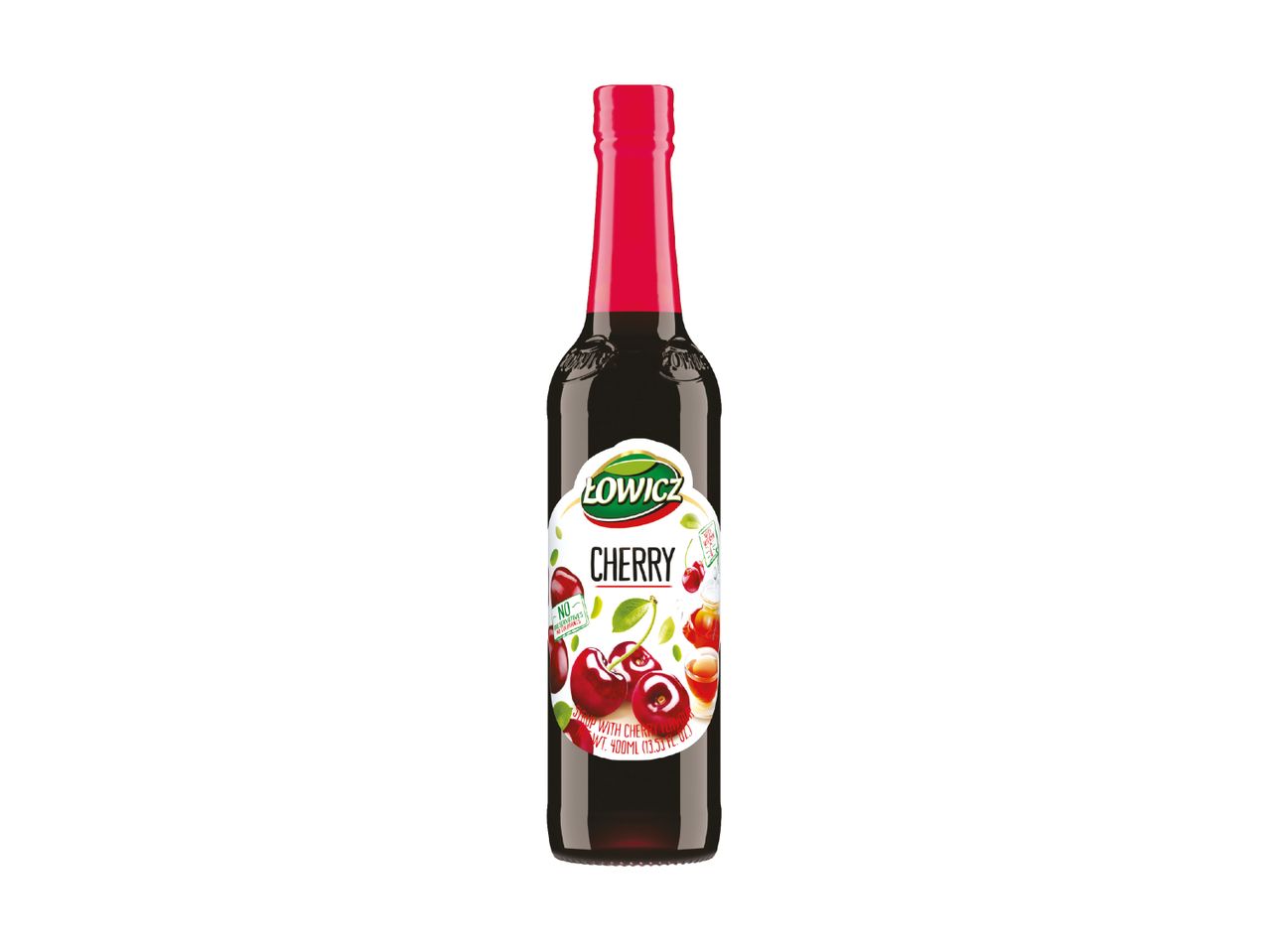 A bottle of Łowicz Cherry syrup with cherries and leaves on the label.