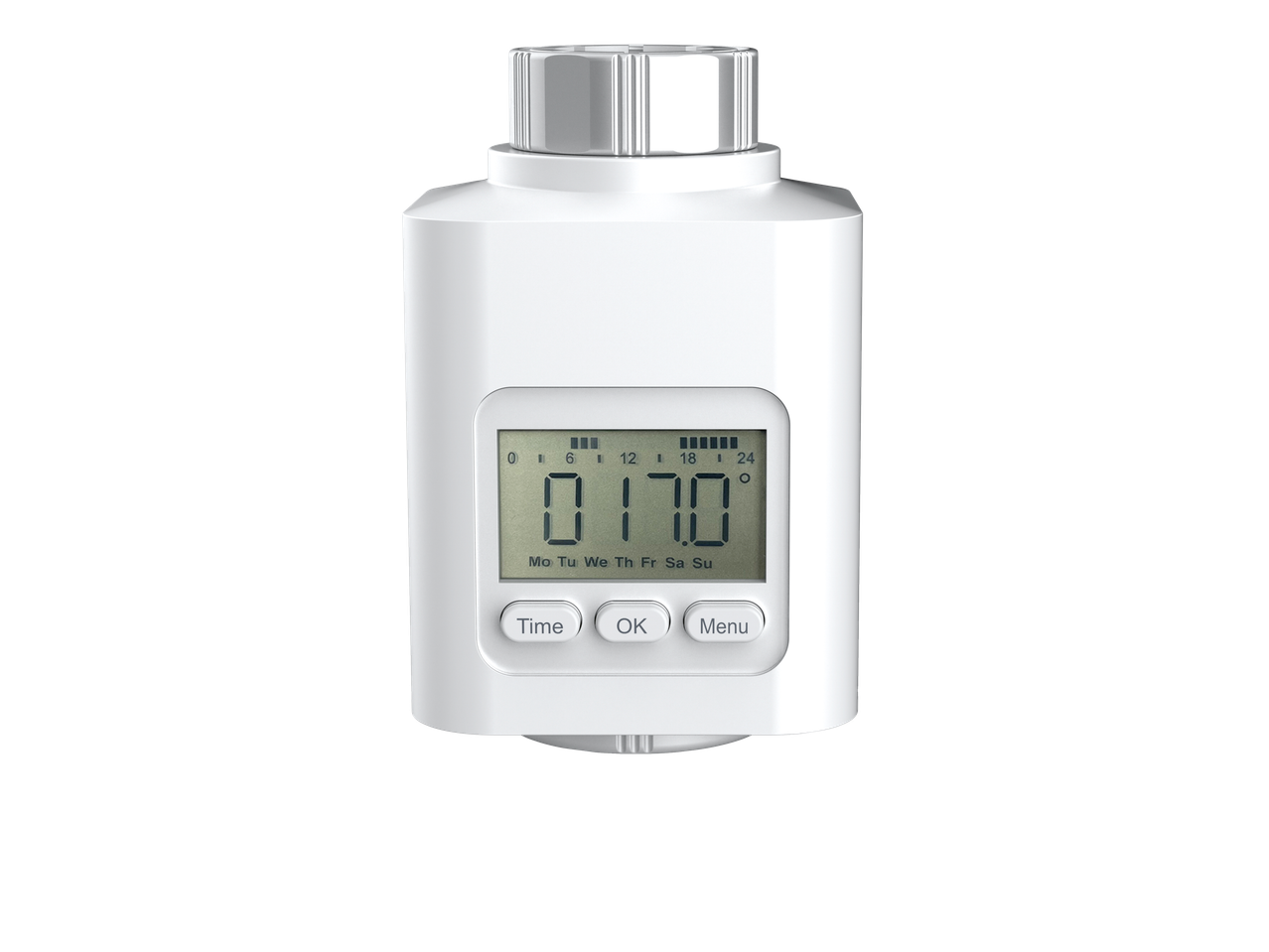 TRONIC® programuojamas radiatoriaus termostatas su skaitmeniniu ekranu ir mygtukais.